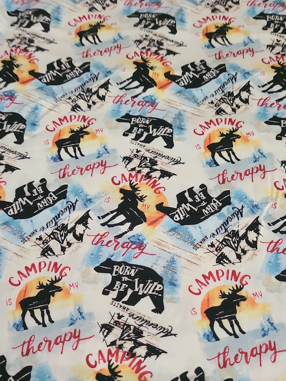Camping Therapy Printed Bedding Fabric - White with Multi-Color Nature Motifs